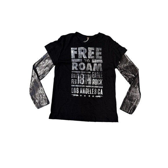 Free People Tops - Free People Backstage Graphic Shirt Free To Roam Sequin Black Women’s Sz Small